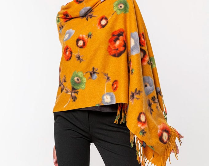 Wool and Silk Scarf | Colorful Flowers Design Shawl | Top Quality Pashmina Printed Yellow Fringe Scarf | Soft and Elegant