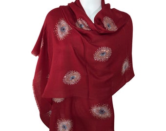 Burgundy Cashmere Pashmina – Swarovski Blue Eyes Design, Bold & Captivating Statement Shawl