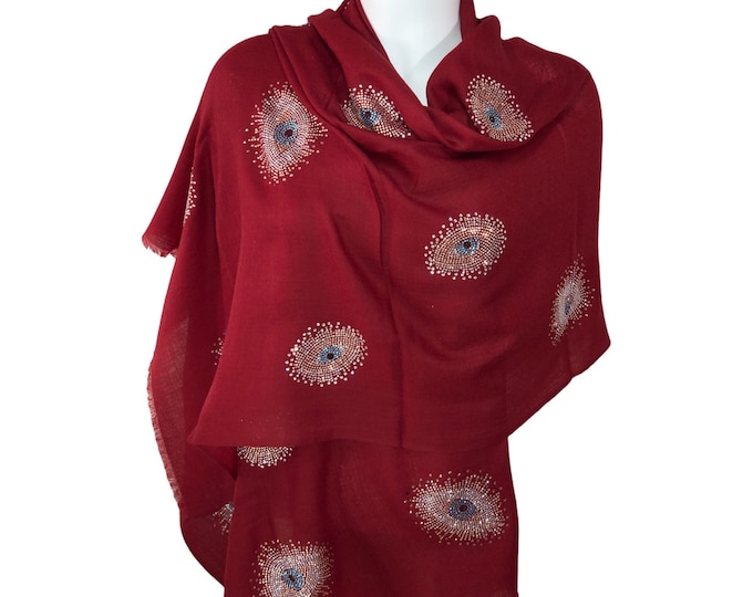 Burgundy Cashmere Pashmina – Swarovski Blue Eyes Design, Bold & Captivating Statement Shawl