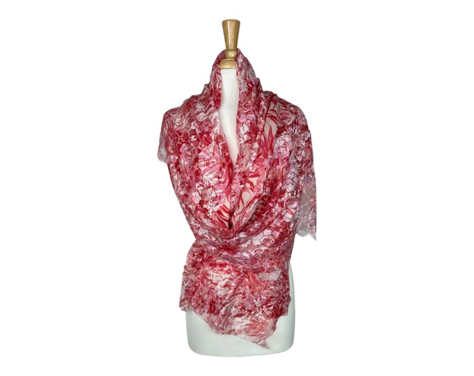 Cashmere & Silk Lace Shawl | Pink and White Floral Design | Shiny Metallic Pashmina, Exclusive New Design, Elegant Scarf