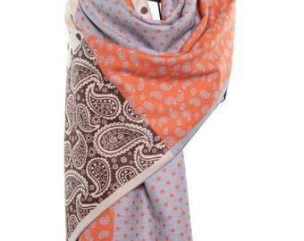 Cashmere Shawl & Scarf | Orange and Brown Paisley with Dots | Reversible Pashmina, Elegant, Classy Design, Luxury Winter Wrap