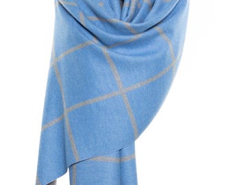 Cashmere & Silk Scarf | Blue Shawl with Silk Lines | Very Soft and Delightful Scarf | Unique Gift, Lovely Pashmina Squares Design
