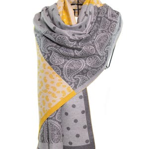 Cashmere Shawl & Scarf | Yellow and Grey Paisley with Dots | Reversible Pashmina, Elegant, Classy, Luxury Winter Wrap