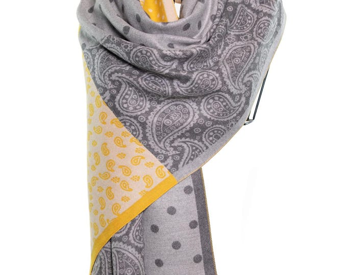 Cashmere Shawl & Scarf | Yellow and Grey Paisley with Dots | Reversible Pashmina, Elegant, Classy, Luxury Winter Wrap