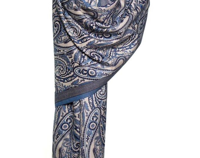 Cashmere Shawl | Blue & Off-White Reversible Paisley Pattern | Soft and Elegant Pashmina, Warm Luxury Shawl, Perfect Gift for Her
