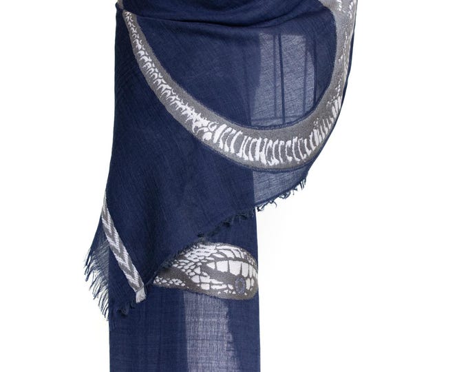 Navy Blue Cashmere Silk Shawl | Grey Snake Embroidery | Luxury Statement Wrap | Elegant Soft Scarf | Unique Gift | Canada Seller
