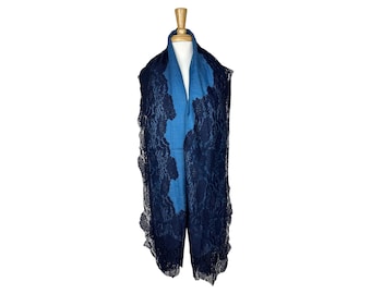 Blue Jean Cashmere Shawl with Handmade Navy Blue French Silk Lace – Soft & Lightweight Luxury Wrap, Unique Gift for Her