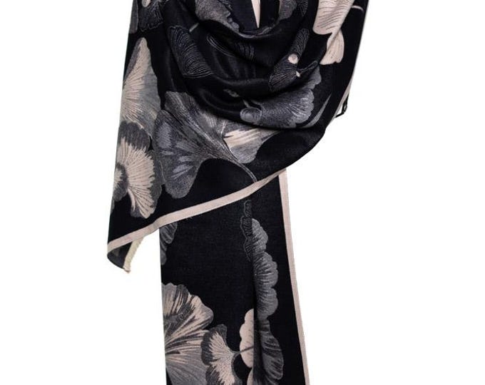 Cashmere Shawl | Black, Off-White & Grey Reversible Floral Wrap | Elegant Pashmina Scarf | Soft and Warm, Luxury Gift for Her