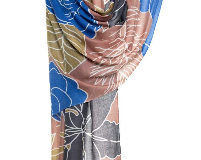 Brown, Blue & Charcoal Cashmere and Silk Shawl | Elegant Floral Design Scarf | Very Soft, Delightful Pashmina, Unique Gift