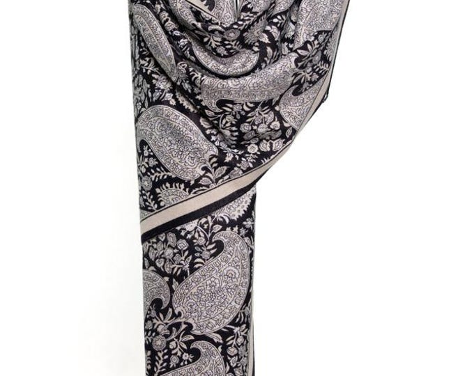 Cashmere Shawl | Black & Off-White Reversible Big Paisley Pattern | Thick and Warm Pashmina Wrap, Elegant Winter Shawl, Perfect Gift for Her
