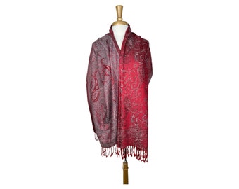 Red Black Silver Paisley Pashmina Scarf - Soft Shawl Wrap for Women, Luxury Boho Scarf, Fall Winter Fashion, Elegant Gift for Her
