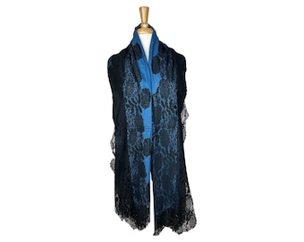 Black French Silk Lace on Blue Jean Cashmere Shawl – Elegant Vintage Wrap, Luxury Scarf, Unique Gift