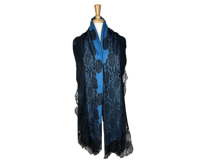 Black French Silk Lace on Blue Jean Cashmere Shawl – Elegant Vintage Wrap, Luxury Scarf, Unique Gift