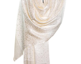 Shiny metallic off white pure silk beautiful shawl for gift, mandala pattern unique motif design - Very thin