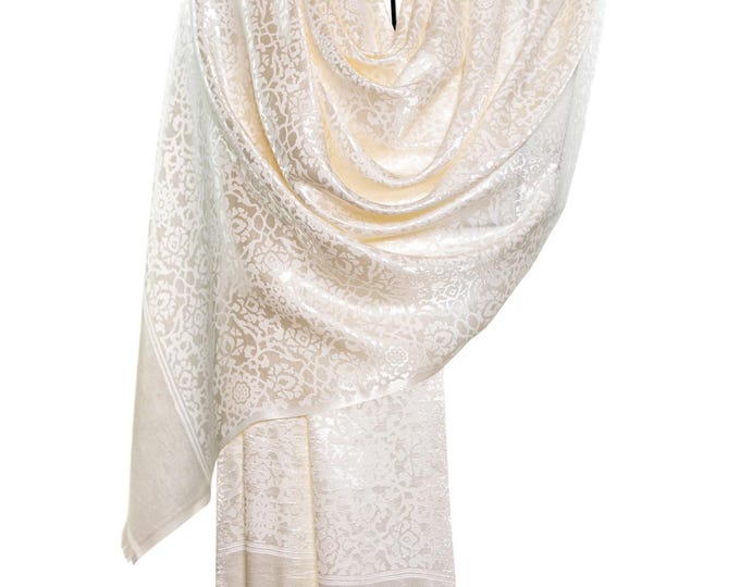 Shiny metallic off white pure silk beautiful shawl for gift, mandala pattern unique motif design - Very thin