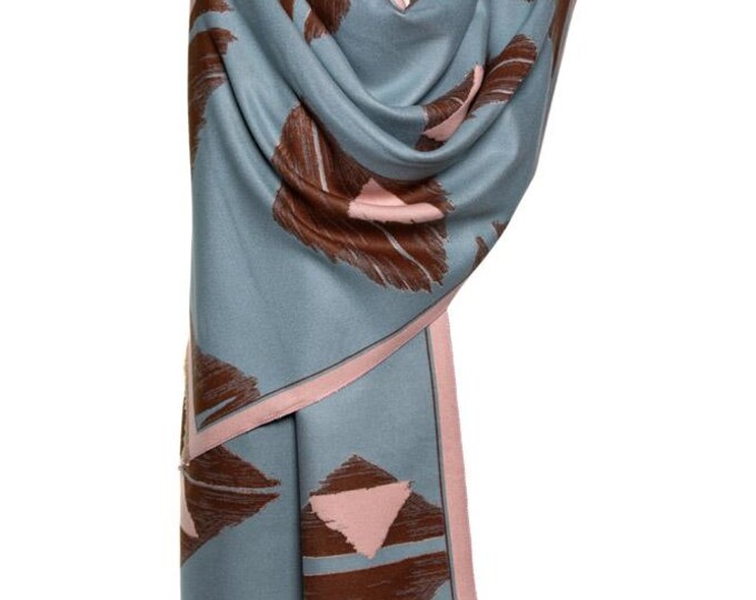 Cashmere Shawl | Brown, Baby Blue & Pink Reversible Triangle Wrap | Soft Like Baby, Elegant Pashmina, Party Scarf, Gift for Her