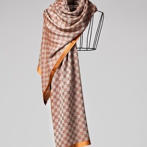 Wool Chess Design Shawl: Brown Beige Pashmina Scarf