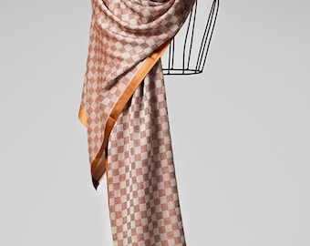 Cashmere Shawl & Scarf | Brown and Beige Chess Design | Soft Pashmina, Elegant and Cozy Winter Wrap - Unisex Gift for Him