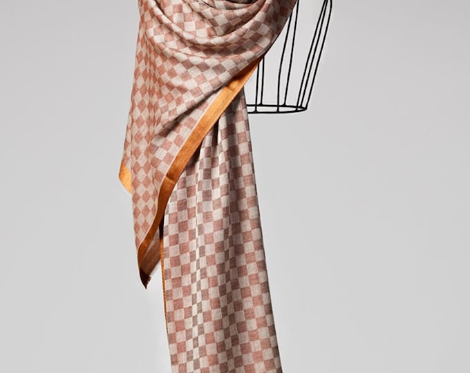 Cashmere Shawl & Scarf | Brown and Beige Chess Design | Soft Pashmina, Elegant and Cozy Winter Wrap - Unisex Gift for Him