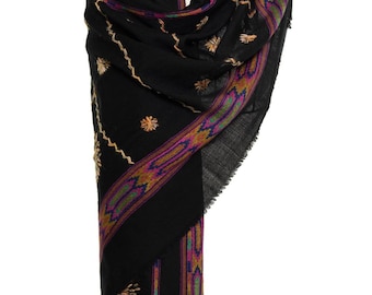 Black Wool Pashmina Shawl with Colorful Embroidery Handmade Vintage Design - aztec design indigenous scarf