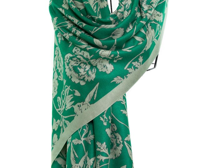 Green Floral Pashmina Shawl | Reversible Double-Sided Elegant Wrap | Luxurious Cashmere & Silk Gift for Her, Stylish and Warm