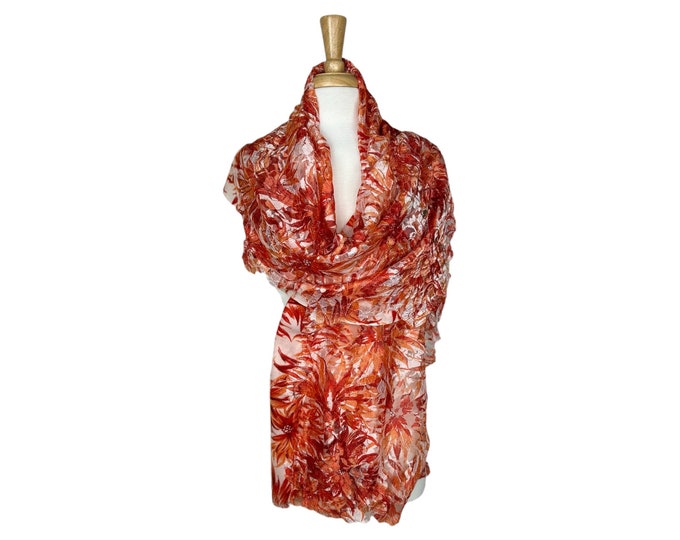 Cashmere & Silk Lace Shawl | Rust Red and White Floral Design | Shiny Metallic Pashmina, Exclusive Wedding Shawl, New Elegant Design