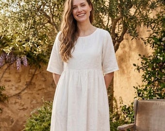 Women Linen Maxi Dress: Midi Dress Summer Beach Vacation Casual Wear With Pockets