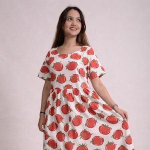 Tomato Print Cotton Midi Dress, Handmade Summer Casual, Boho Loose Fit Vacation Outfit