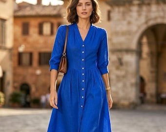 Blue Linen Maxi Dress: Summer Beach Vacation Casual Wear With Pockets