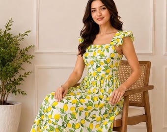 Sommerliches Strandkleid, langes Stufenkleid für indische Damen, Maxikleid mit Zitronenmuster von Tanmay Store