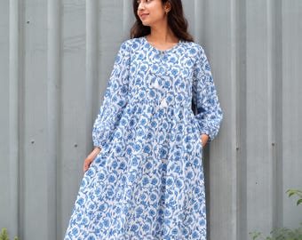 Block Printed Maxi Dress, Handmade Floral Boho Gown, Cottagecore Dress, Women's Summer Vacation Outfit