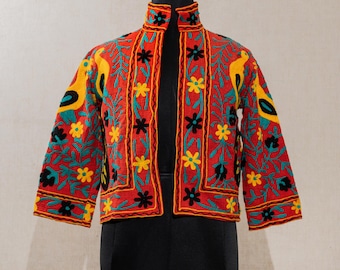 Indian Short Wear Coat, TNT Suzani Jacket, Embroidered Women Wear Waistcoat, Red