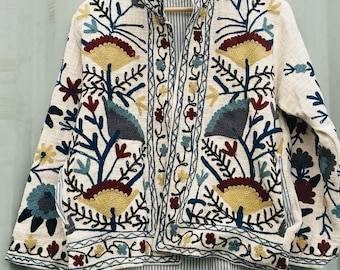 Women's TNT Suzani Jacket, Embroidered Uzbek Artisan Coat, Nehru Style Waistcoat