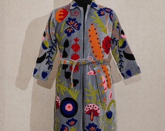 Velvet Suzani Jacket: Embroidered Uzbek Design Overcoat, Women's Outerwear Long Jacket
