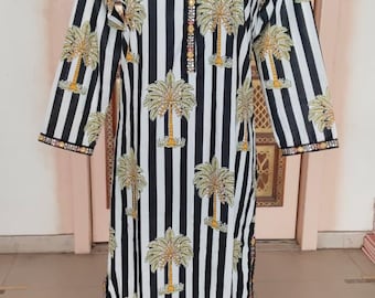 Hand Block Print Long Dress, Women Shirt Dress, Summer Wear Maxi Gown Black