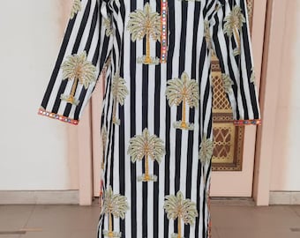 Women Long Dress, Hand Block Shirt Dress, Indian Palm Tree Maxi Gown Black