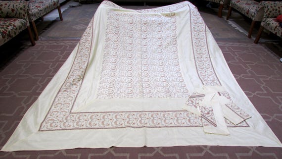 Indian Silk Embroidered Bedsheet Luxury Bedding Set Silk Bedspread Elegant Handcrafted Bedcover Cream