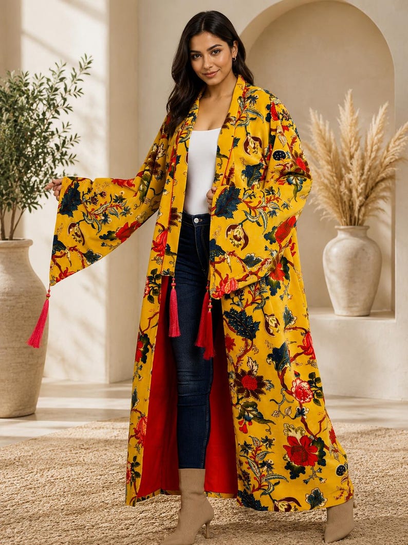 Beach Robe Pattern Velvet Long Boho Kimono Cardigan, Yellow Floral Kimono Robe, Festival ...