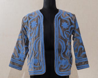 Velvet Suzani Jacket, Embroidered Uzbek Artisan Coat, Women's Nehru Style Waistcaot