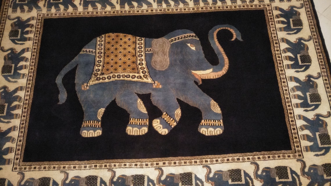 India Traditional Elephant Design Wool Carpet Area Rug Size 4 Etsy