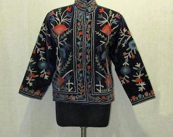 Boho Nehru Jacket, Suzani Waistcoat, Velvet Bomber Short Jacket, Embroidered Outwear