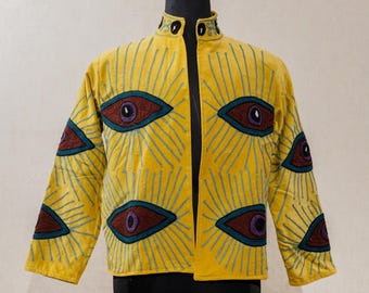 Suzani Jacket, Evil Aye Nehru Jacket Velvet, Embroidered Waistcoat Cover Up Robe, Kimono Bathrobe