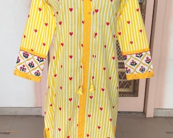 Heart Print Women Long Dress, Bohemian Shirt Dress, Indian Maxi Gown Yellow