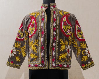 Suzani Jacket, Indian Velvet Neharu Jacket, Artisan Uzbek Design Coat, Winter Wear Waistcoat