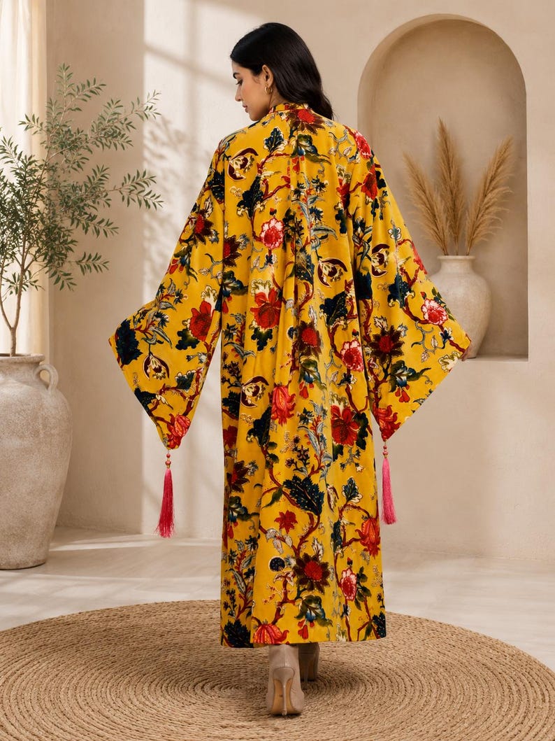 Beach Robe Pattern Velvet Long Boho Kimono Cardigan, Yellow Floral Kimono Robe, Festival ...