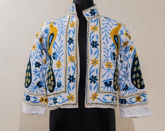 Suzani Jacket , Indian TNT Short Coat, Embroidered Women Wear Coat, Waistcoat White