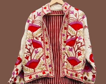 Indian Suzani Jacket, Relaxed Fit Short Coat, TNT Hand-Embroidered Waistcoat Bomber Jacket