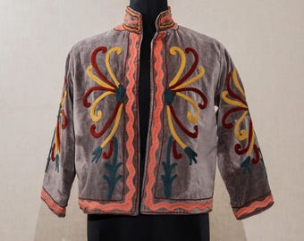 Velvet Suzani Jakcet, Embroidered Short Jacket Artisan Uzbek Floral Coat