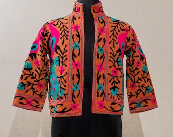 TNT Suzani Jacket, Indian Short Wear Coat, Embroidered Women Wear Waistcoat, Orange