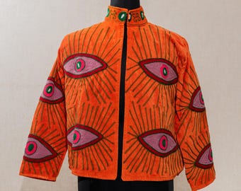 Velvet Suzani Jacket, Women Evil Eye Embroidered Coat, Uzbek Artisan Design